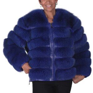 Blue 24” Fox Fur Zip Jacket with Leather Inserts and Zip-Off Half-Sleeve
